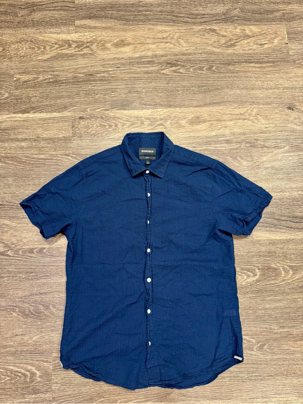 Bonobos Men’s L Slim Fit Navy Seersucker Short Sleeve Button-Down Shirt